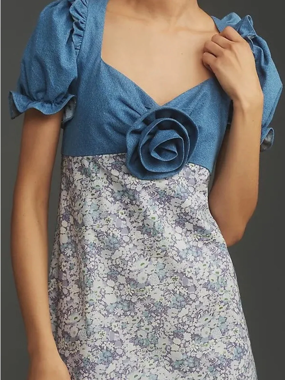 NWT English Factory Anthropologie Denim Rosette Floral Midi Dress - Picture 7 of 7